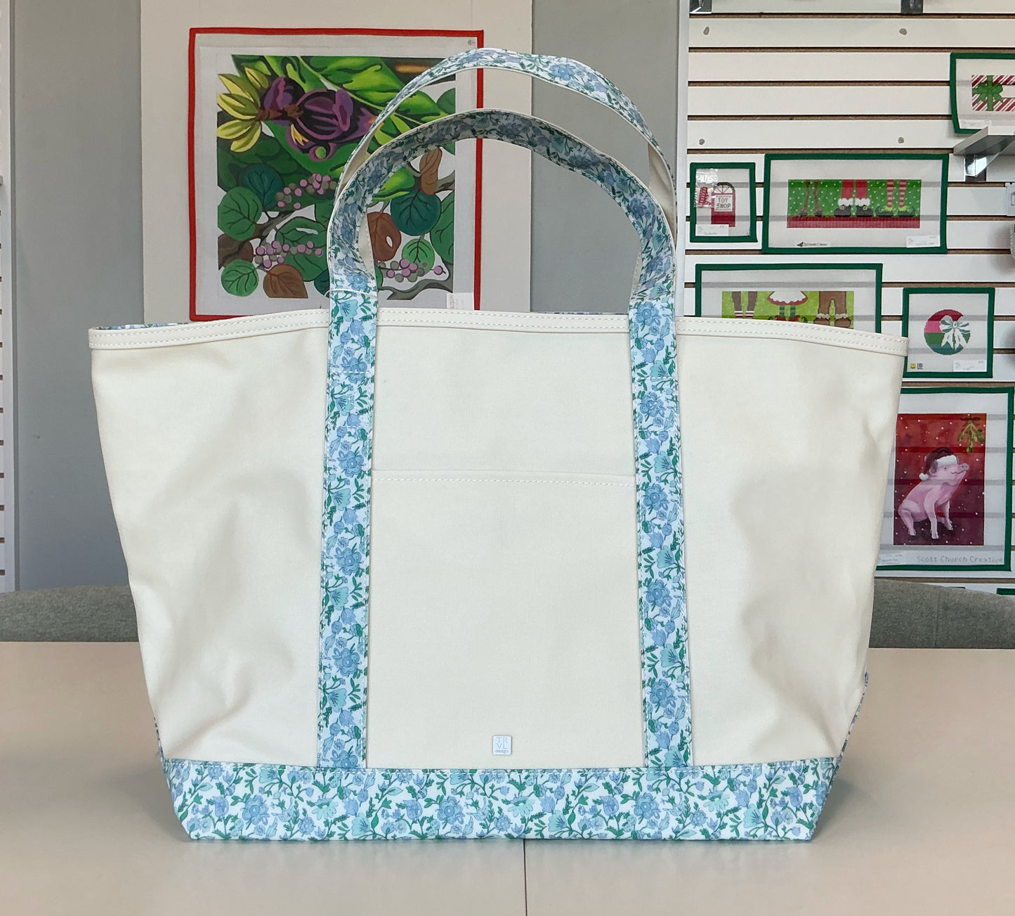 Maxi Tote - Coated Canvas Large Natural with Hamptons Floral Trim