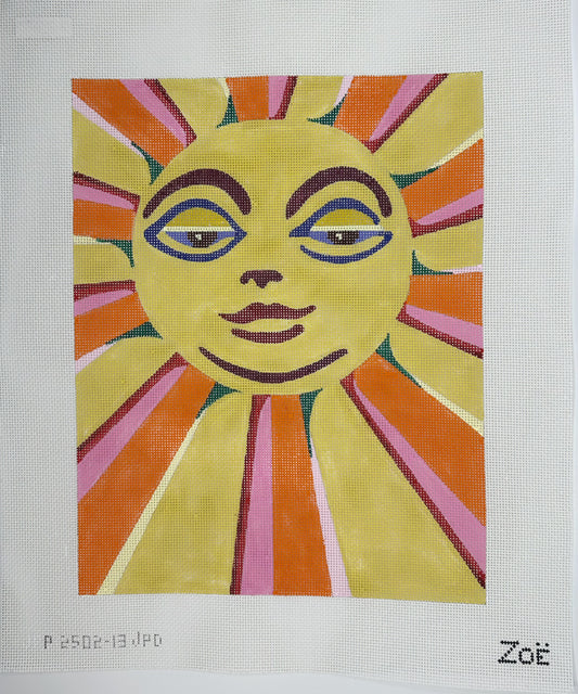 Colorful sun with face design on a white background, signed 'Zoé'.